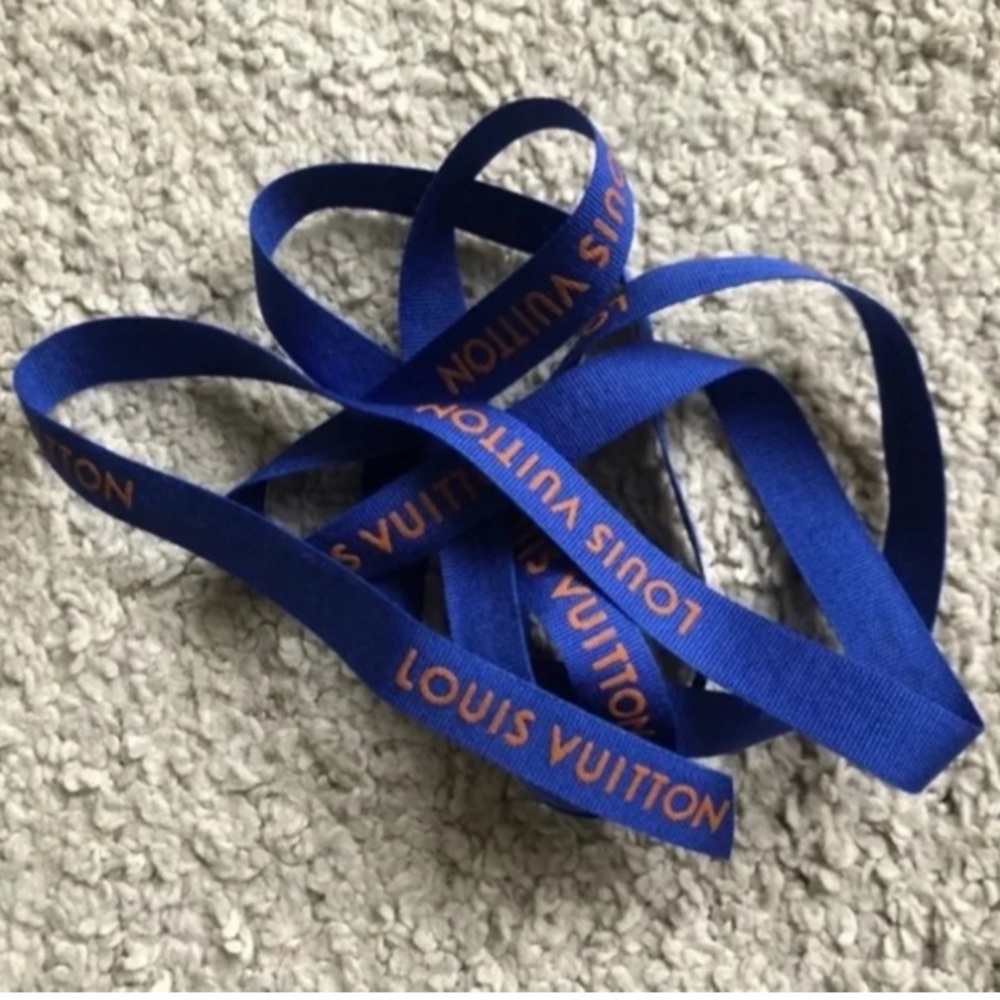 Authentic Louis Vuitton Royal Blue Logo Ribbon with Orange Print. 114 cm.